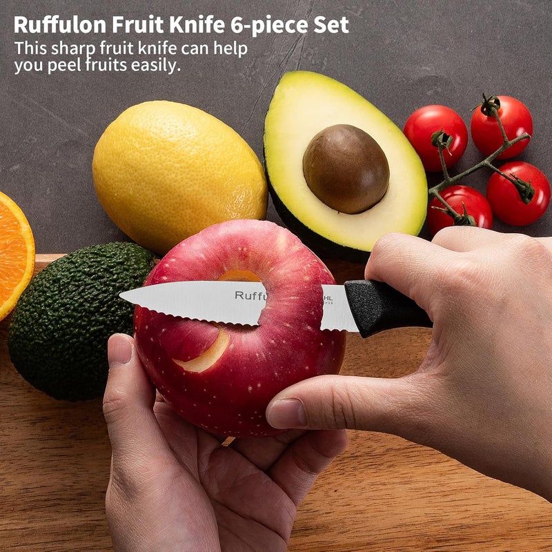 Ruffulon Stainless Steel Paring Knife With Serrated Blade, 6 Pieces Set Vegetable and Fruit Knife, Ultra Sharp Small Kitchen Knife, Black Paring Knifves with PP Plastic Ergonomic Handle. - Image 5